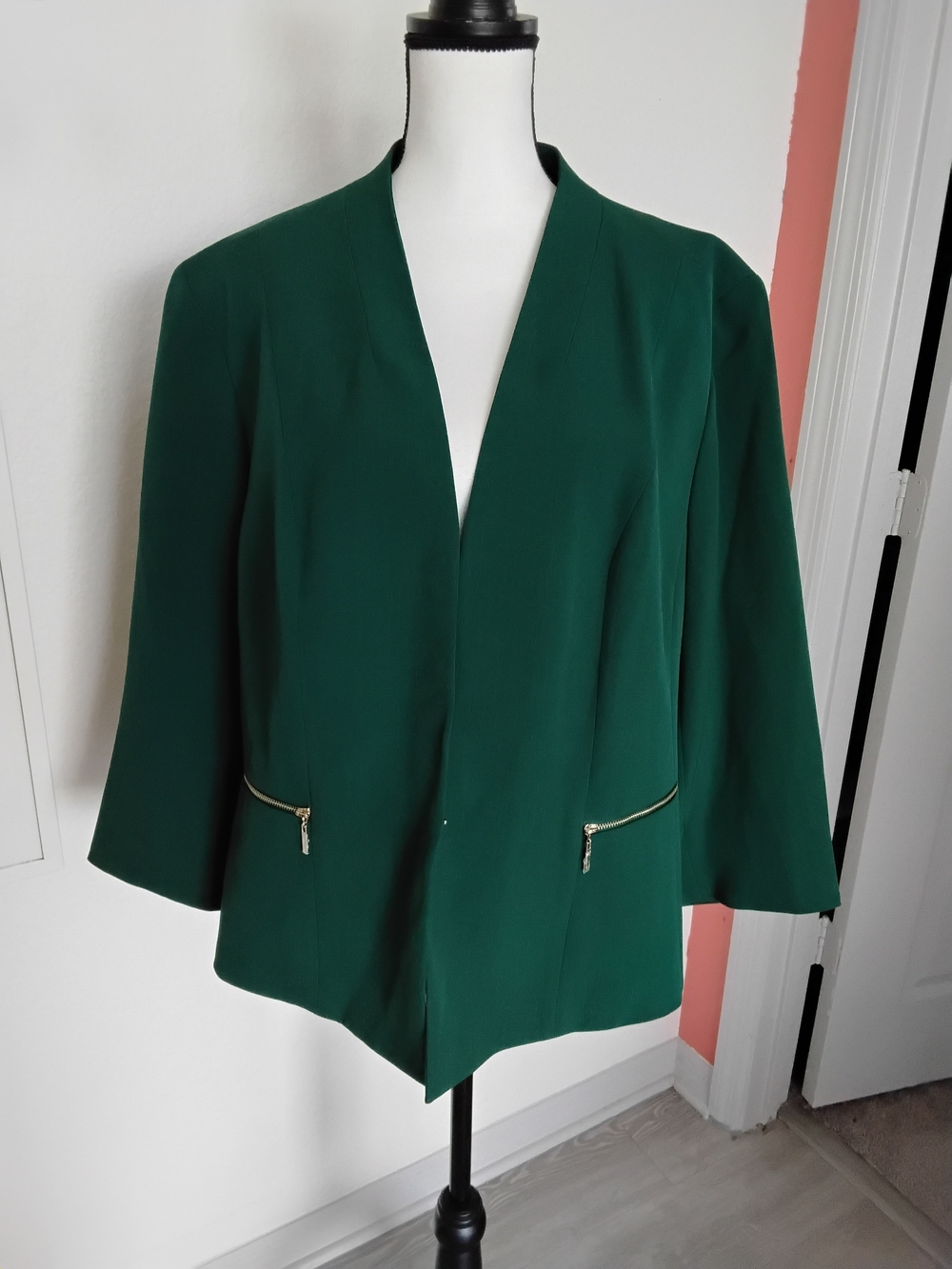 Kasper Dark Green Open Front Blazer with Gold Zippers